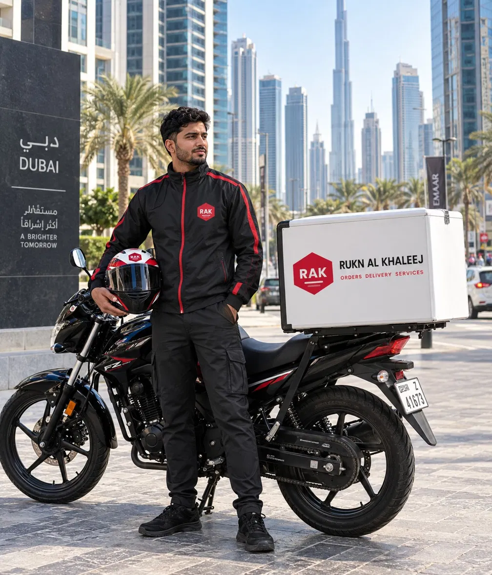 Delivery rider in company jacket standing with his motorcycle
