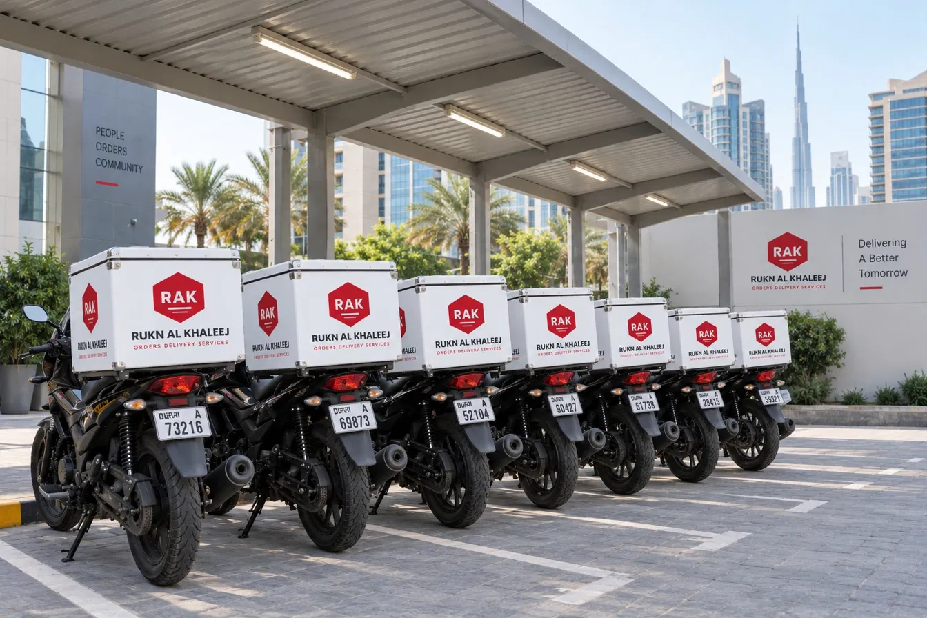 Row of company delivery motorcycles parked together