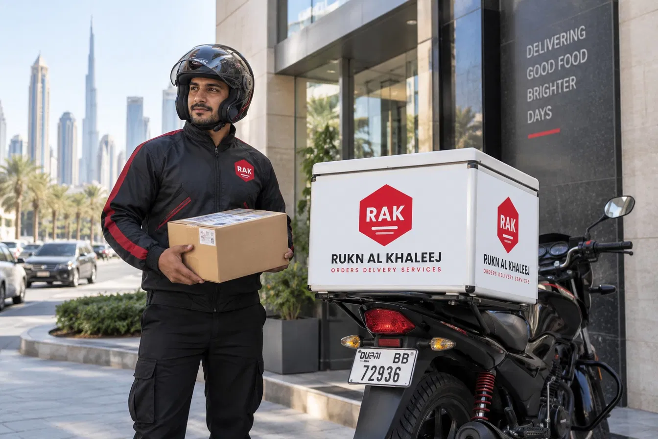 Delivery rider handling parcels beside a motorcycle