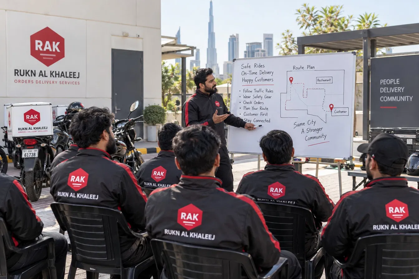 Delivery riders in a safety briefing and training session